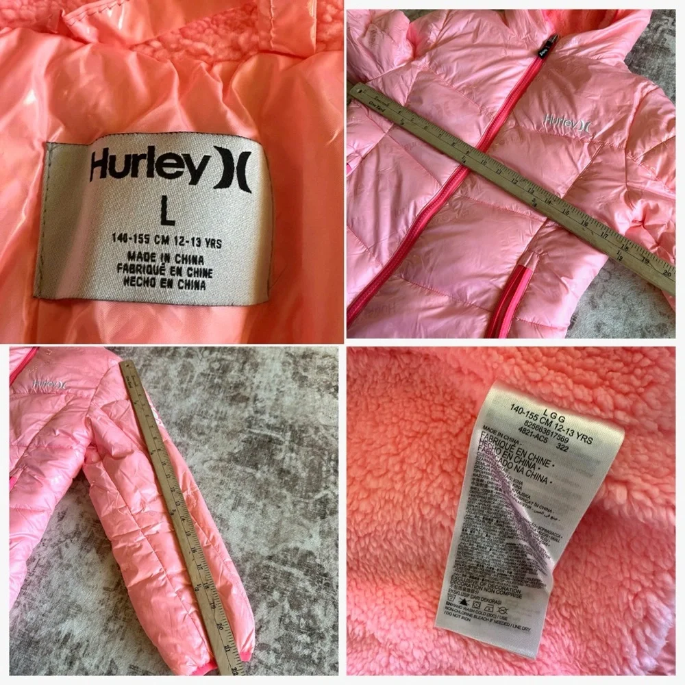 Hurley Pink Hooded Puffer Jacket Girls Sz Large (12-13 Years) Sherpa‎ Lined